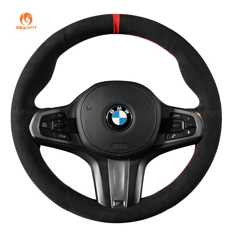 MEWANT Black Suede Carbon Fiber Car Steering Wheel Cover for BMW G20 F44 G22 G26 G30 G32 G11 G14 G15 G16 G01 G02 G05 G06 G07 G29 - Alcantara, Leather, Carbon Fiber, Easy Install, Non - Slip, Best Steering Wheel Cover
