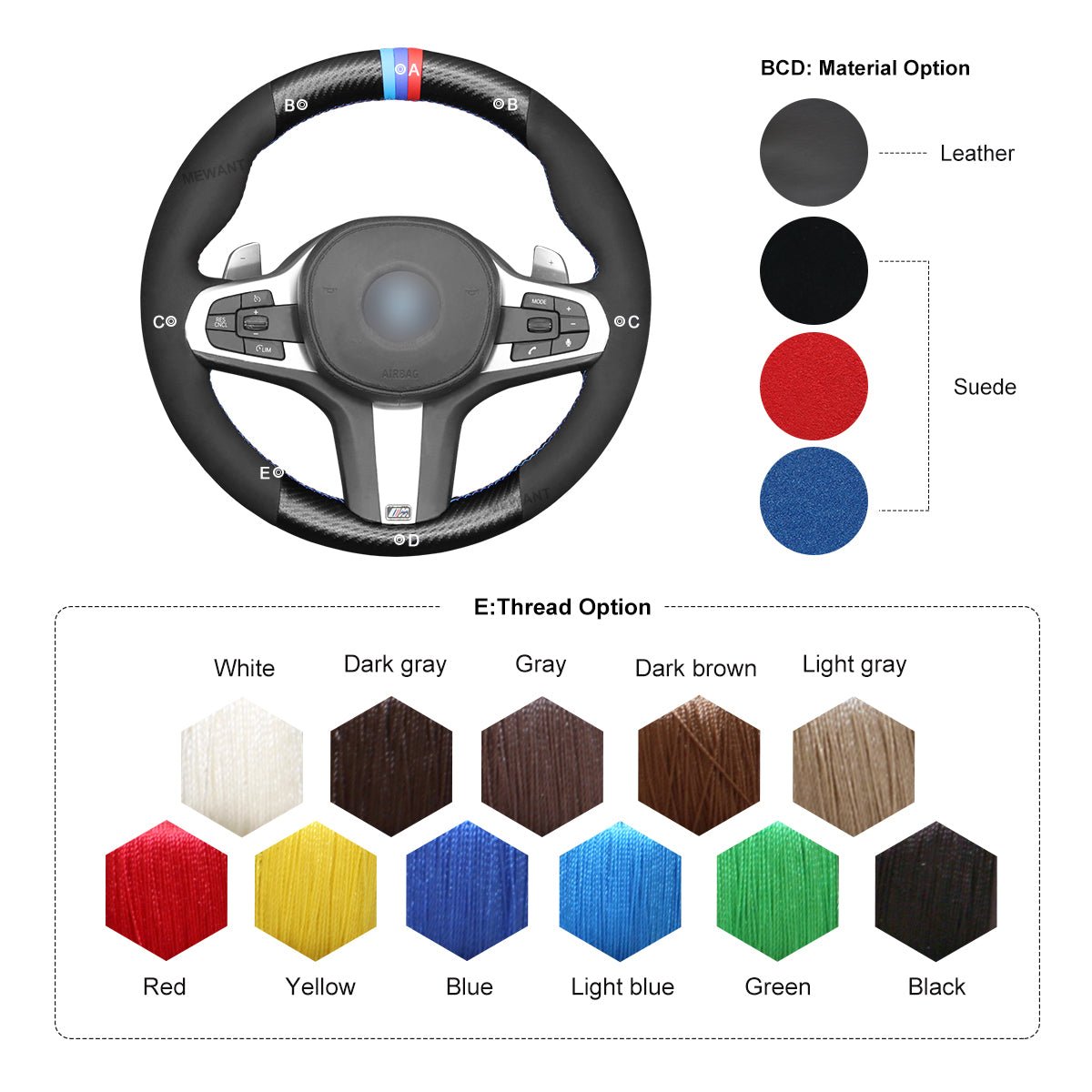 MEWANT Black Suede Carbon Fiber Car Steering Wheel Cover for BMW G20 F44 G22 G26 G30 G32 G11 G14 G15 G16 G01 G02 G05 G06 G07 G29 - Alcantara, Leather, Carbon Fiber, Easy Install, Non - Slip, Best Steering Wheel Cover
