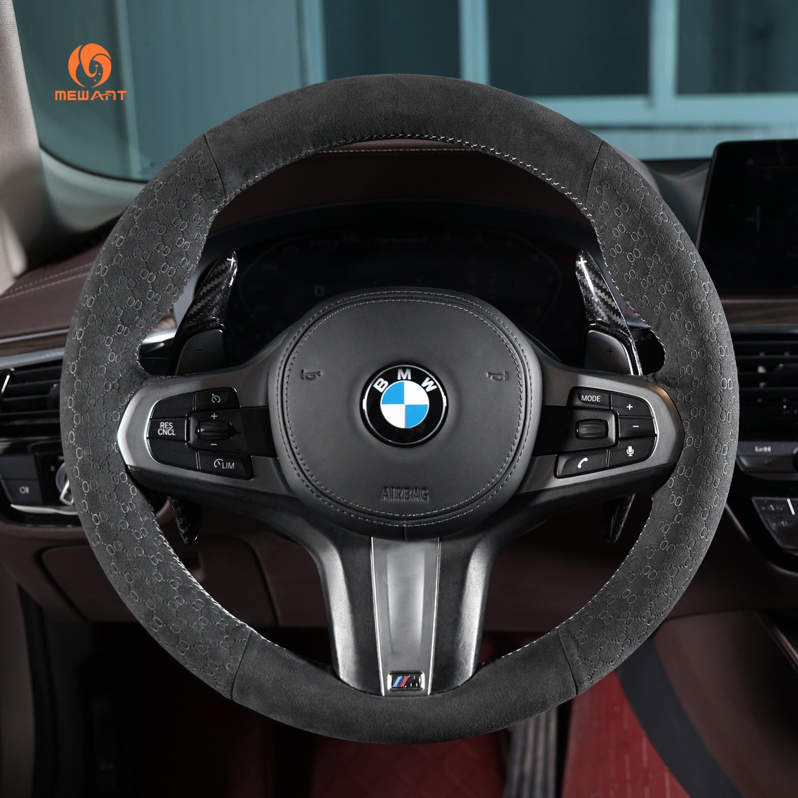 MEWANT Black Suede Carbon Fiber Car Steering Wheel Cover for BMW G20 F44 G22 G26 G30 G32 G11 G14 G15 G16 G01 G02 G05 G06 G07 G29 - Alcantara, Leather, Carbon Fiber, Easy Install, Non - Slip, Best Steering Wheel Cover
