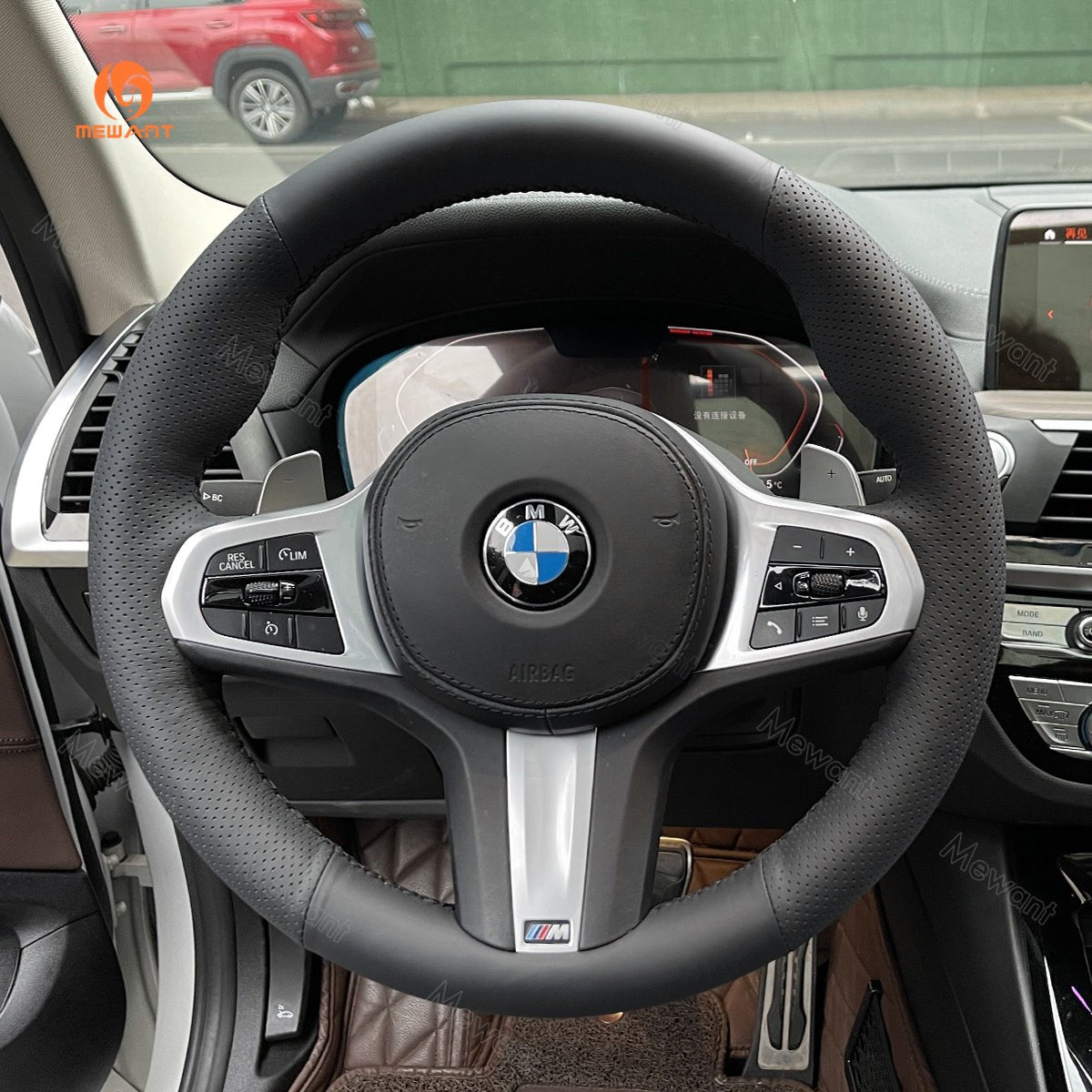 MEWANT Black Suede Carbon Fiber Car Steering Wheel Cover for BMW G20 F44 G22 G26 G30 G32 G11 G14 G15 G16 G01 G02 G05 G06 G07 G29 - Alcantara, Leather, Carbon Fiber, Easy Install, Non - Slip, Best Steering Wheel Cover