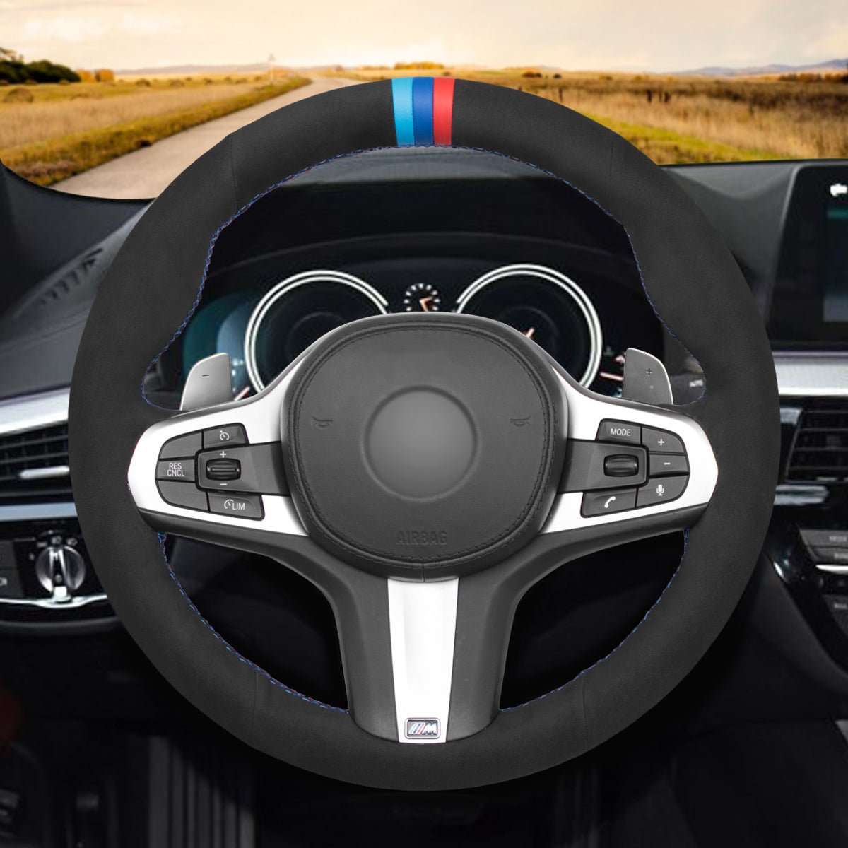 MEWANT Black Suede Carbon Fiber Car Steering Wheel Cover for BMW G20 F44 G22 G26 G30 G32 G11 G14 G15 G16 G01 G02 G05 G06 G07 G29 - Alcantara, Leather, Carbon Fiber, Easy Install, Non - Slip, Best Steering Wheel Cover