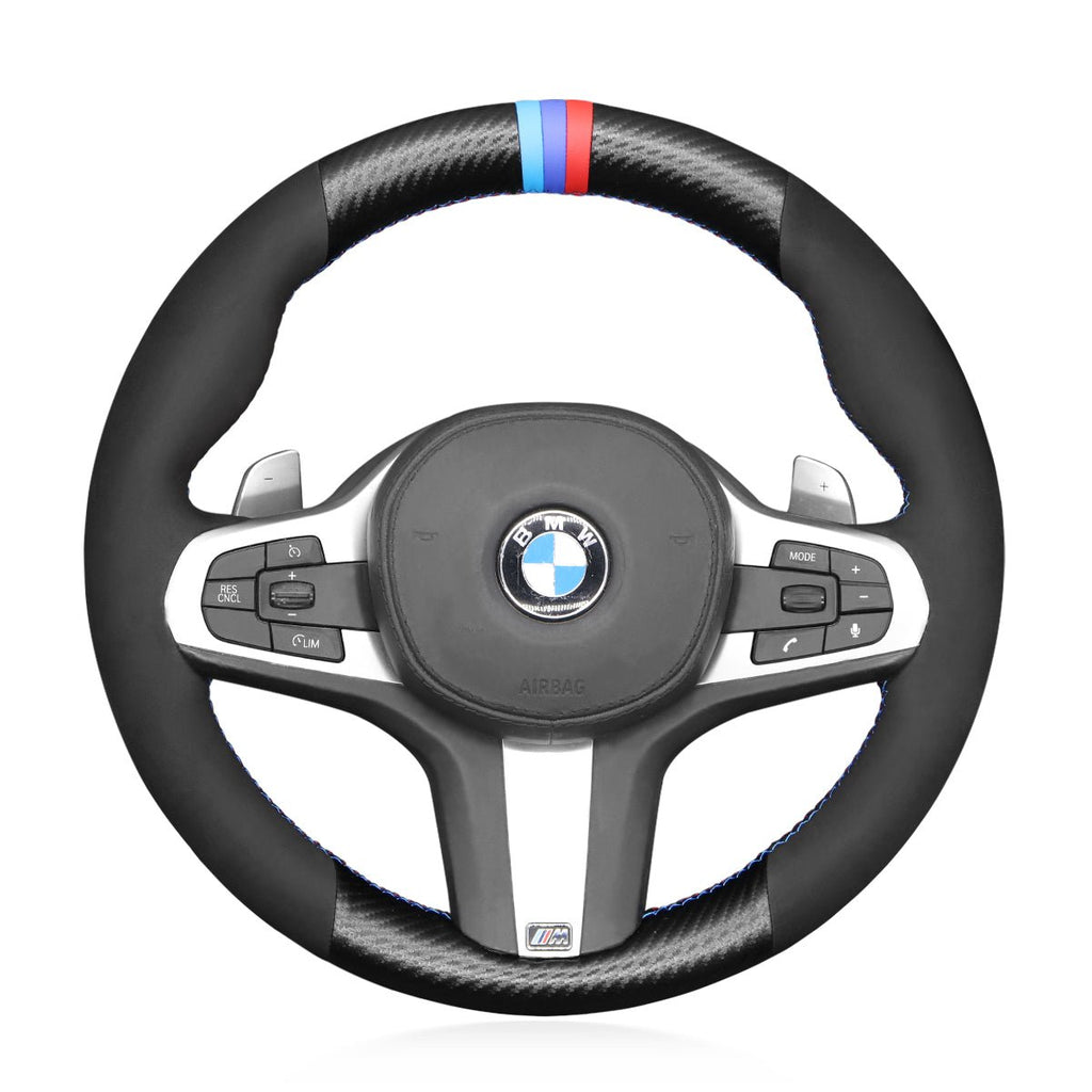 MEWANT Black Suede Carbon Fiber Car Steering Wheel Cover for BMW G20 F44 G22 G26 G30 G32 G11 G14 G15 G16 G01 G02 G05 G06 G07 G29 - Alcantara, Leather, Carbon Fiber, Easy Install, Non - Slip, Best Steering Wheel Cover