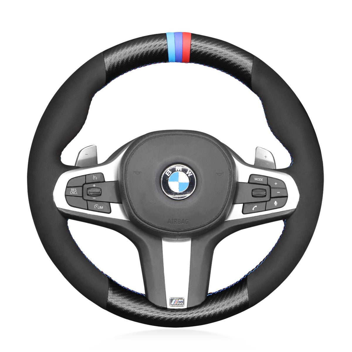 MEWANT Black Suede Carbon Fiber Car Steering Wheel Cover for BMW G20 F44 G22 G26 G30 G32 G11 G14 G15 G16 G01 G02 G05 G06 G07 G29 - Alcantara, Leather, Carbon Fiber, Easy Install, Non - Slip, Best Steering Wheel Cover