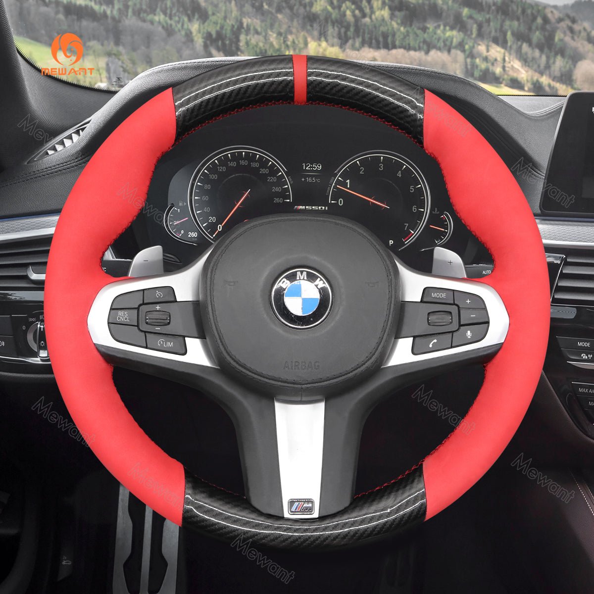 MEWANT Black Suede Carbon Fiber Car Steering Wheel Cover for BMW G20 F44 G22 G26 G30 G32 G11 G14 G15 G16 G01 G02 G05 G06 G07 G29 - Alcantara, Leather, Carbon Fiber, Easy Install, Non - Slip, Best Steering Wheel Cover