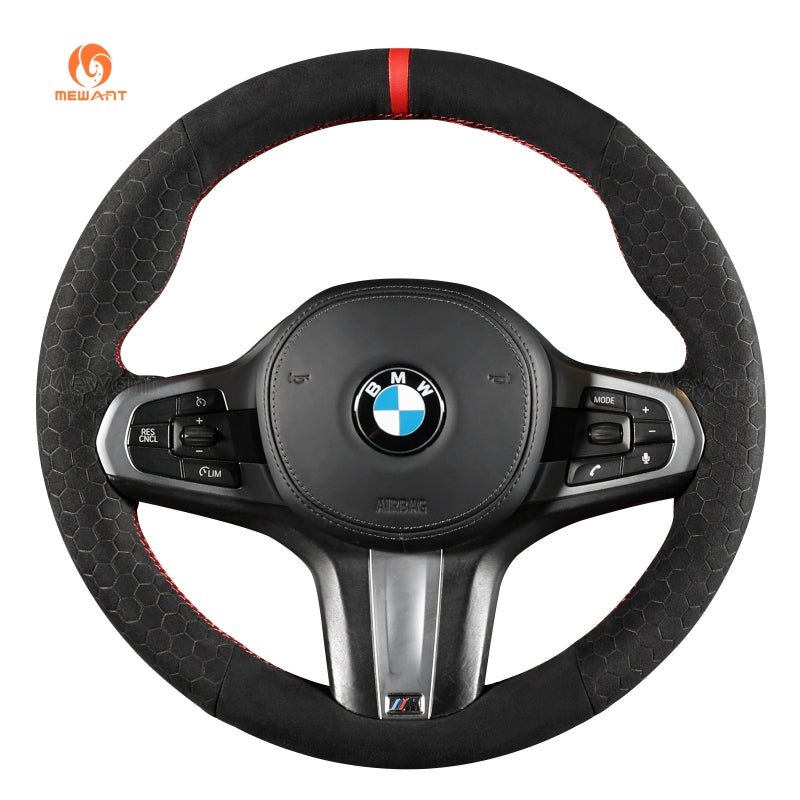 MEWANT Black Suede Carbon Fiber Car Steering Wheel Cover for BMW G20 F44 G22 G26 G30 G32 G11 G14 G15 G16 G01 G02 G05 G06 G07 G29 - Alcantara, Leather, Carbon Fiber, Easy Install, Non - Slip, Best Steering Wheel Cover