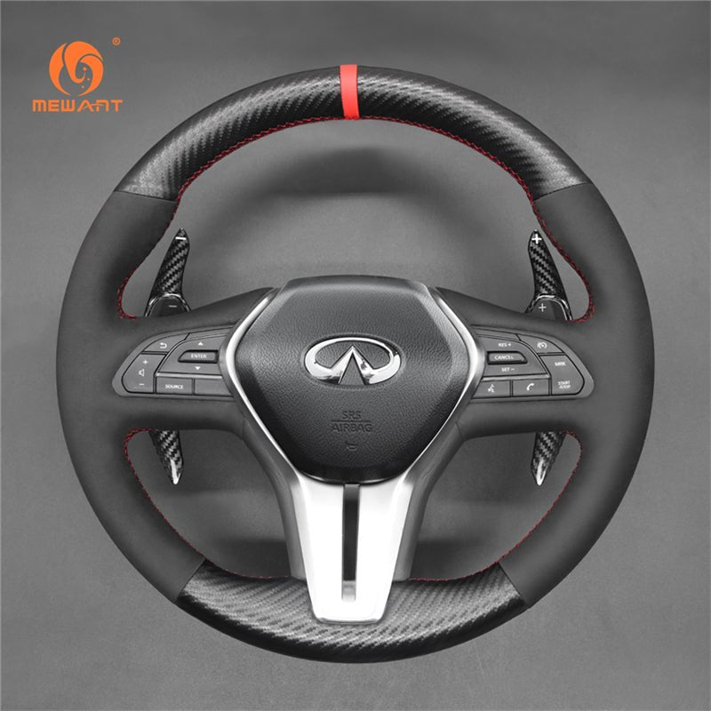 MEWANT Black Suede Carbon Fiber Car Steering Wheel Cover for Infiniti Q50 2018 - 2019 / Q60 2016 - 2018 / QX50 2018 - 2019 - Alcantara, Leather, Carbon Fiber, Easy Install, Non - Slip, Best Steering Wheel Cover
