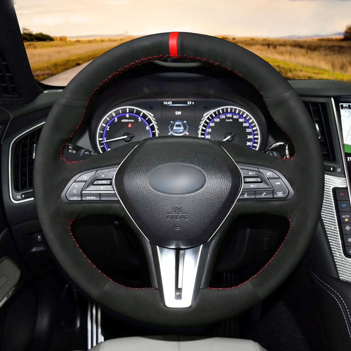 MEWANT Black Suede Carbon Fiber Car Steering Wheel Cover for Infiniti Q50 2018 - 2019 / Q60 2016 - 2018 / QX50 2018 - 2019 - Alcantara, Leather, Carbon Fiber, Easy Install, Non - Slip, Best Steering Wheel Cover