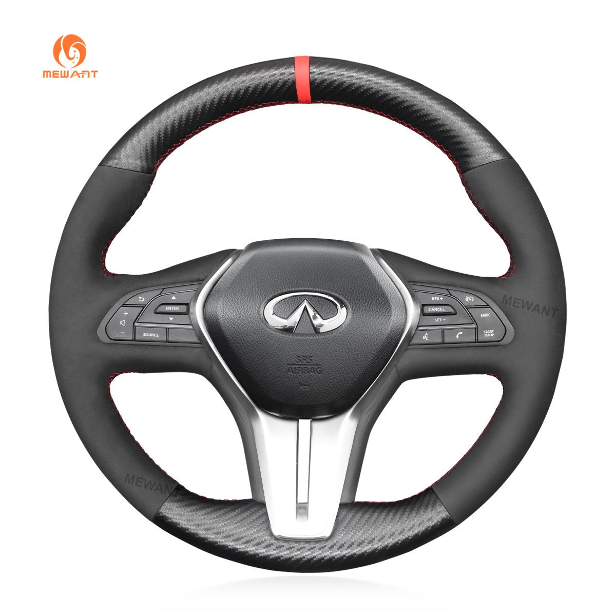 MEWANT Black Suede Carbon Fiber Car Steering Wheel Cover for Infiniti Q50 2018 - 2019 / Q60 2016 - 2018 / QX50 2018 - 2019 - Mewant Cover