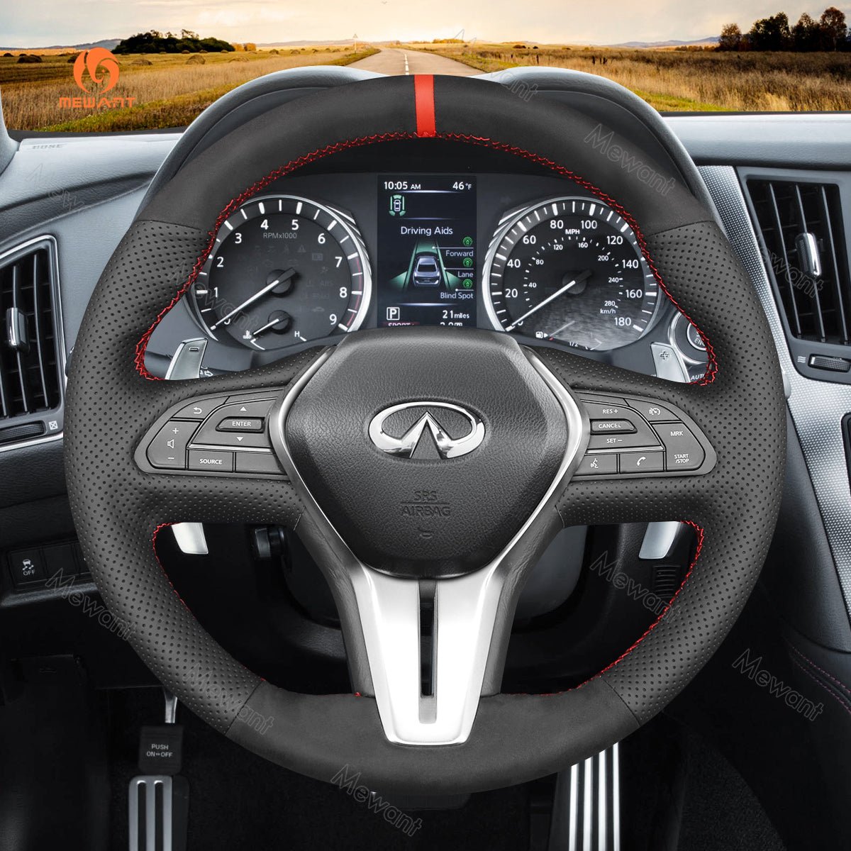 MEWANT Black Suede Carbon Fiber Car Steering Wheel Cover for Infiniti Q50 2018 - 2019 / Q60 2016 - 2018 / QX50 2018 - 2019 - Alcantara, Leather, Carbon Fiber, Easy Install, Non - Slip, Best Steering Wheel Cover