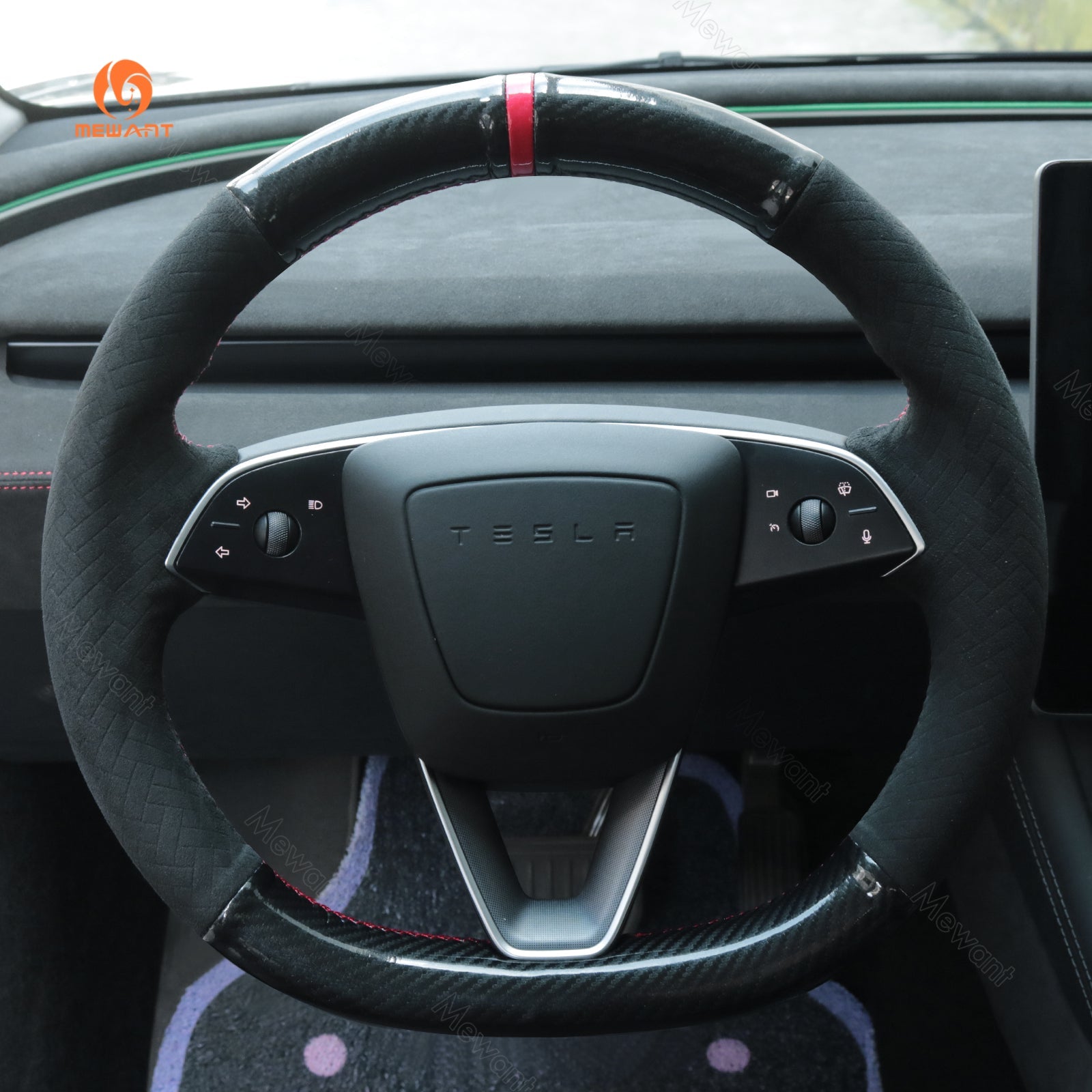 MEWANT Car Auto Parts Steering Wheel Cover Side Camera Protection Cover Door Handles Wrap for 2024 Tesla Model 3 Highland - Alcantara, Leather, Carbon Fiber, Easy Install, Non - Slip, Best Steering Wheel Cover