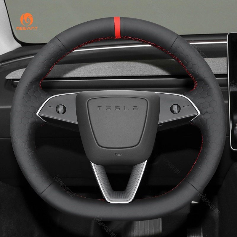 MEWANT Car Auto Parts Steering Wheel Cover Side Camera Protection Cover Door Handles Wrap for 2024 Tesla Model 3 Highland - Alcantara, Leather, Carbon Fiber, Easy Install, Non - Slip, Best Steering Wheel Cover