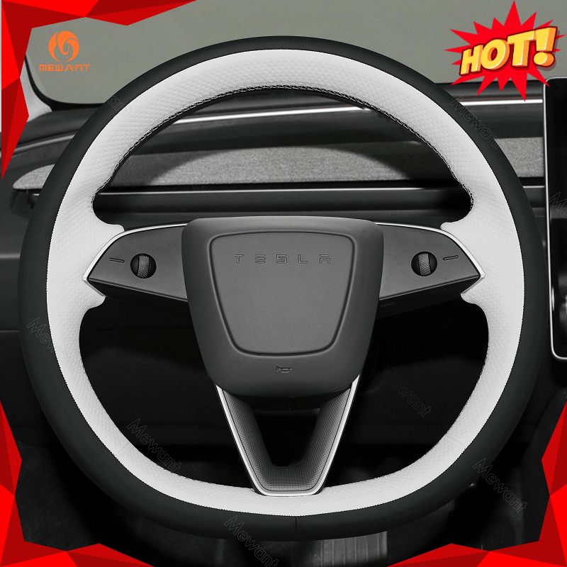 MEWANT Car Auto Parts Steering Wheel Cover Side Camera Protection Cover Door Handles Wrap for 2024 Tesla Model 3 Highland - Alcantara, Leather, Carbon Fiber, Easy Install, Non - Slip, Best Steering Wheel Cover