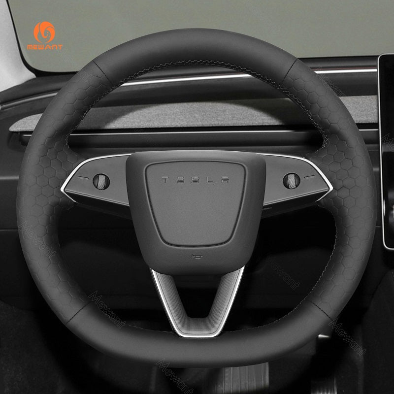 MEWANT Car Auto Parts Steering Wheel Cover Side Camera Protection Cover Door Handles Wrap for 2024 Tesla Model 3 Highland - Alcantara, Leather, Carbon Fiber, Easy Install, Non - Slip, Best Steering Wheel Cover