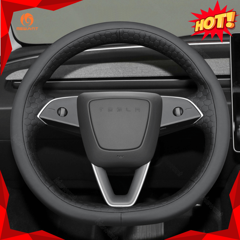 MEWANT Car Auto Parts Steering Wheel Cover Side Camera Protection Cover Door Handles Wrap for 2024 Tesla Model 3 Highland - Alcantara, Leather, Carbon Fiber, Easy Install, Non - Slip, Best Steering Wheel Cover