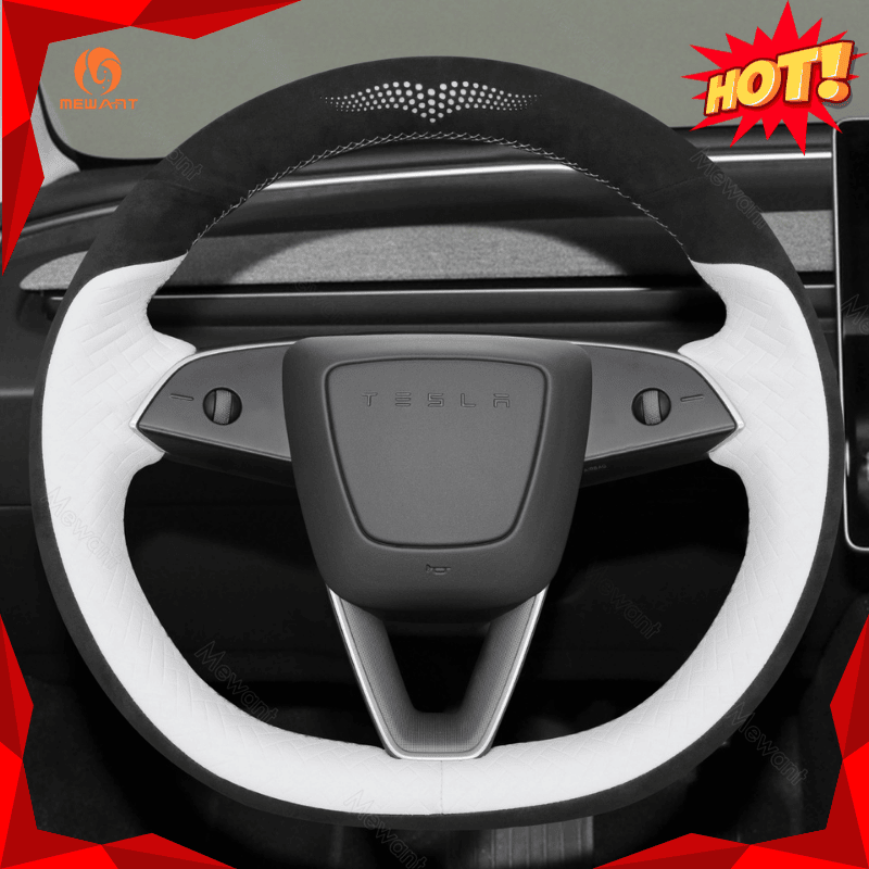 MEWANT Car Auto Parts Steering Wheel Cover Side Camera Protection Cover Door Handles Wrap for 2024 Tesla Model 3 Highland - Alcantara, Leather, Carbon Fiber, Easy Install, Non - Slip, Best Steering Wheel Cover