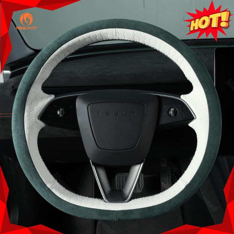MEWANT Car Auto Parts Steering Wheel Cover Side Camera Protection Cover Door Handles Wrap for 2024 Tesla Model 3 Highland - Alcantara, Leather, Carbon Fiber, Easy Install, Non - Slip, Best Steering Wheel Cover