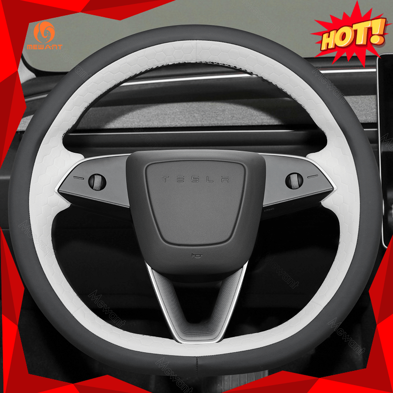 MEWANT Car Auto Parts Steering Wheel Cover Side Camera Protection Cover Door Handles Wrap for 2024 Tesla Model 3 Highland - Alcantara, Leather, Carbon Fiber, Easy Install, Non - Slip, Best Steering Wheel Cover