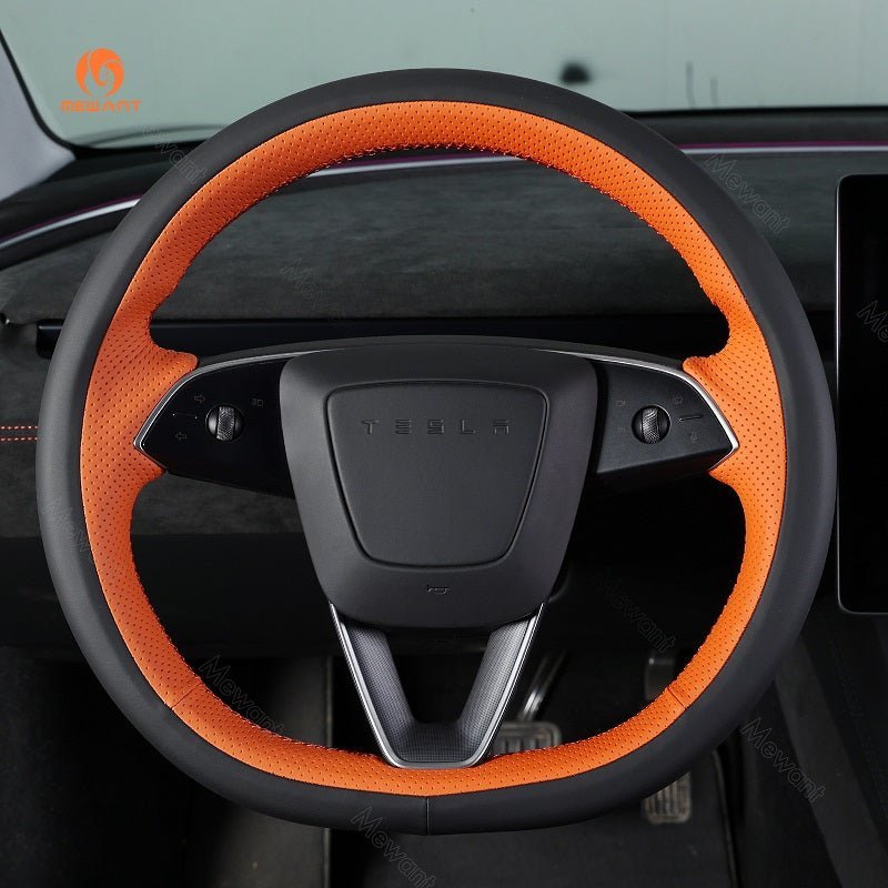 MEWANT Car Auto Parts Steering Wheel Cover Side Camera Protection Cover Door Handles Wrap for 2024 Tesla Model 3 Highland - Alcantara, Leather, Carbon Fiber, Easy Install, Non - Slip, Best Steering Wheel Cover