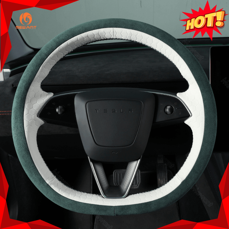 MEWANT Car Auto Parts Steering Wheel Cover Side Camera Protection Cover Door Handles Wrap for 2024 Tesla Model 3 Highland - Alcantara, Leather, Carbon Fiber, Easy Install, Non - Slip, Best Steering Wheel Cover