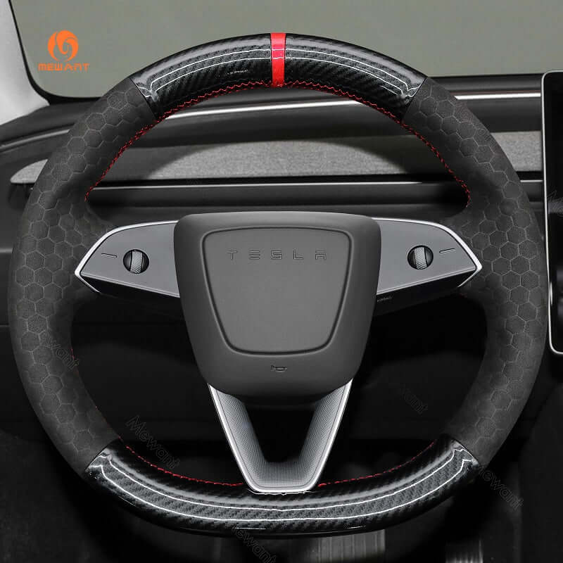 MEWANT Car Auto Parts Steering Wheel Cover Side Camera Protection Cover Door Handles Wrap for 2024 Tesla Model 3 Highland - Alcantara, Leather, Carbon Fiber, Easy Install, Non - Slip, Best Steering Wheel Cover