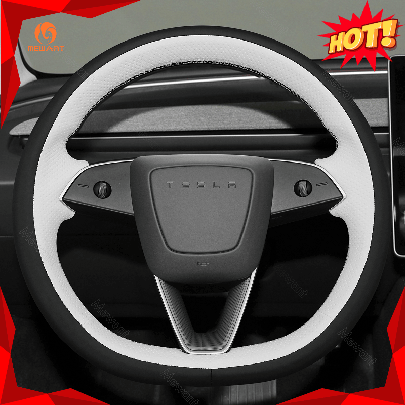 MEWANT Car Auto Parts Steering Wheel Cover Side Camera Protection Cover Door Handles Wrap for 2024 Tesla Model 3 Highland - Alcantara, Leather, Carbon Fiber, Easy Install, Non - Slip, Best Steering Wheel Cover