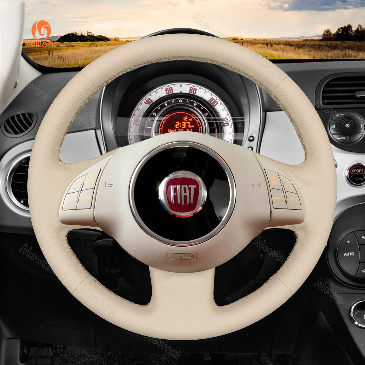 MEWANT Car Steering Wheel Cover for Fiat 500 2007 - 2015 / Fiat 500e 2014 - 2018 / Fiat 500C 2014 - 2017 - Alcantara, Leather, Carbon Fiber, Easy Install, Non - Slip, Best Steering Wheel Cover