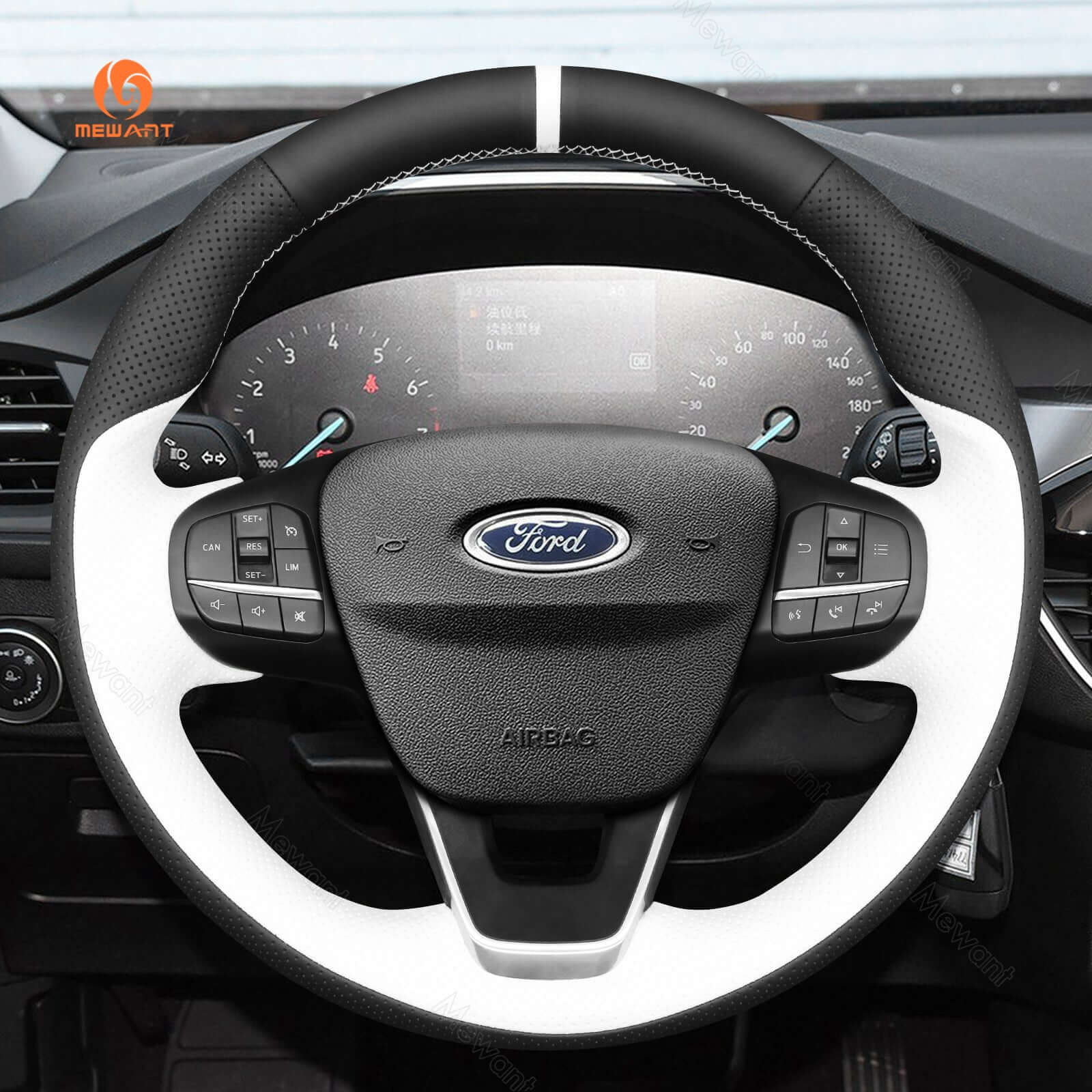 MEWANT Car Steering Wheel Cover for Ford Bronco Sport/ Ford Focus IV/ Kuga III Puma/ Bronco Sport/ Fiesta VII/ Maverick/ Tourneo Courier/ Tourneo Custom/ Transit/ E - Transit/Transit Courier/ Transit Custom/ Escape - Alcantara, Leather, Carbon Fiber, Easy Install, Non - Slip, Best Steering Wheel Cover