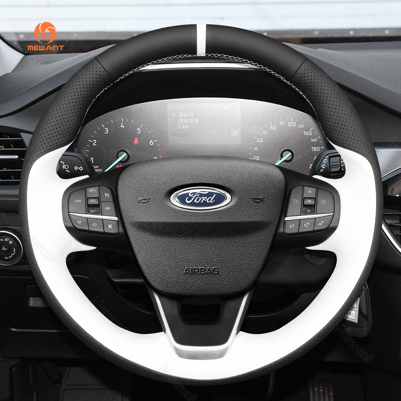MEWANT Car Steering Wheel Cover for Ford Bronco Sport/ Ford Focus IV/ Kuga III Puma/ Bronco Sport/ Fiesta VII/ Maverick/ Tourneo Courier/ Tourneo Custom/ Transit/ E - Transit/Transit Courier/ Transit Custom/ Escape - Alcantara, Leather, Carbon Fiber, Easy Install, Non - Slip, Best Steering Wheel Cover