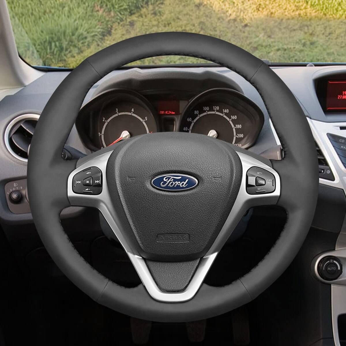 MEWANT Car Steering Wheel Cover for Ford Fiesta VI/ Fiesta VII/ Ecosport/ B - MAX/ Ka (Ka+)/ Tourneo Courier/ Transit Courier - Alcantara, Leather, Carbon Fiber, Easy Install, Non - Slip, Best Steering Wheel Cover