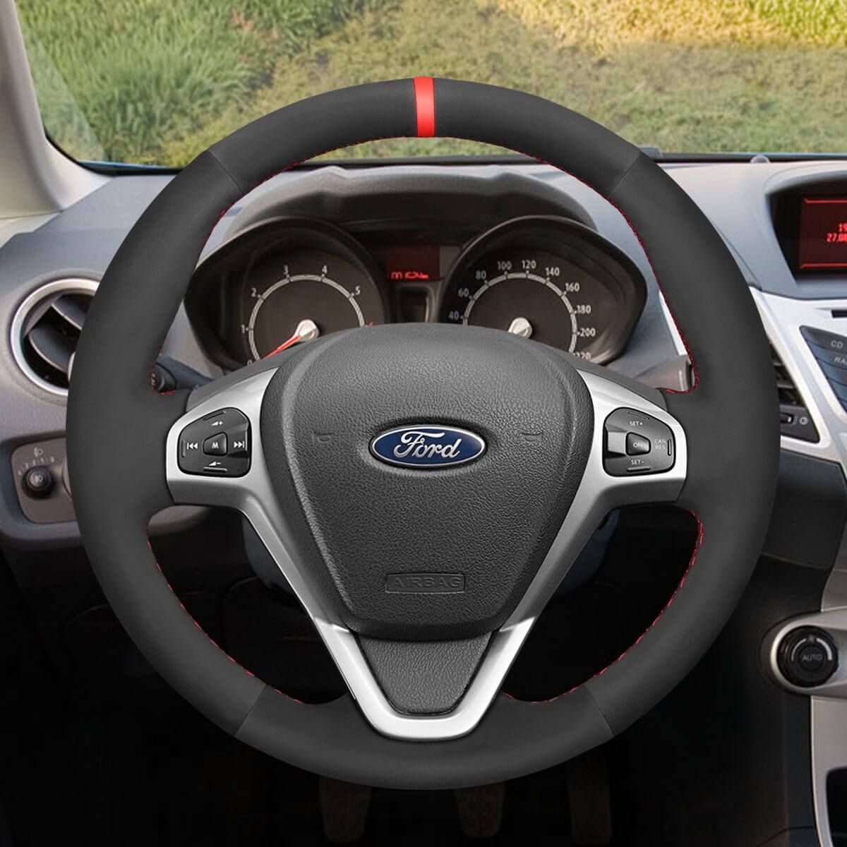 MEWANT Car Steering Wheel Cover for Ford Fiesta VI/ Fiesta VII/ Ecosport/ B - MAX/ Ka (Ka+)/ Tourneo Courier/ Transit Courier - Alcantara, Leather, Carbon Fiber, Easy Install, Non - Slip, Best Steering Wheel Cover