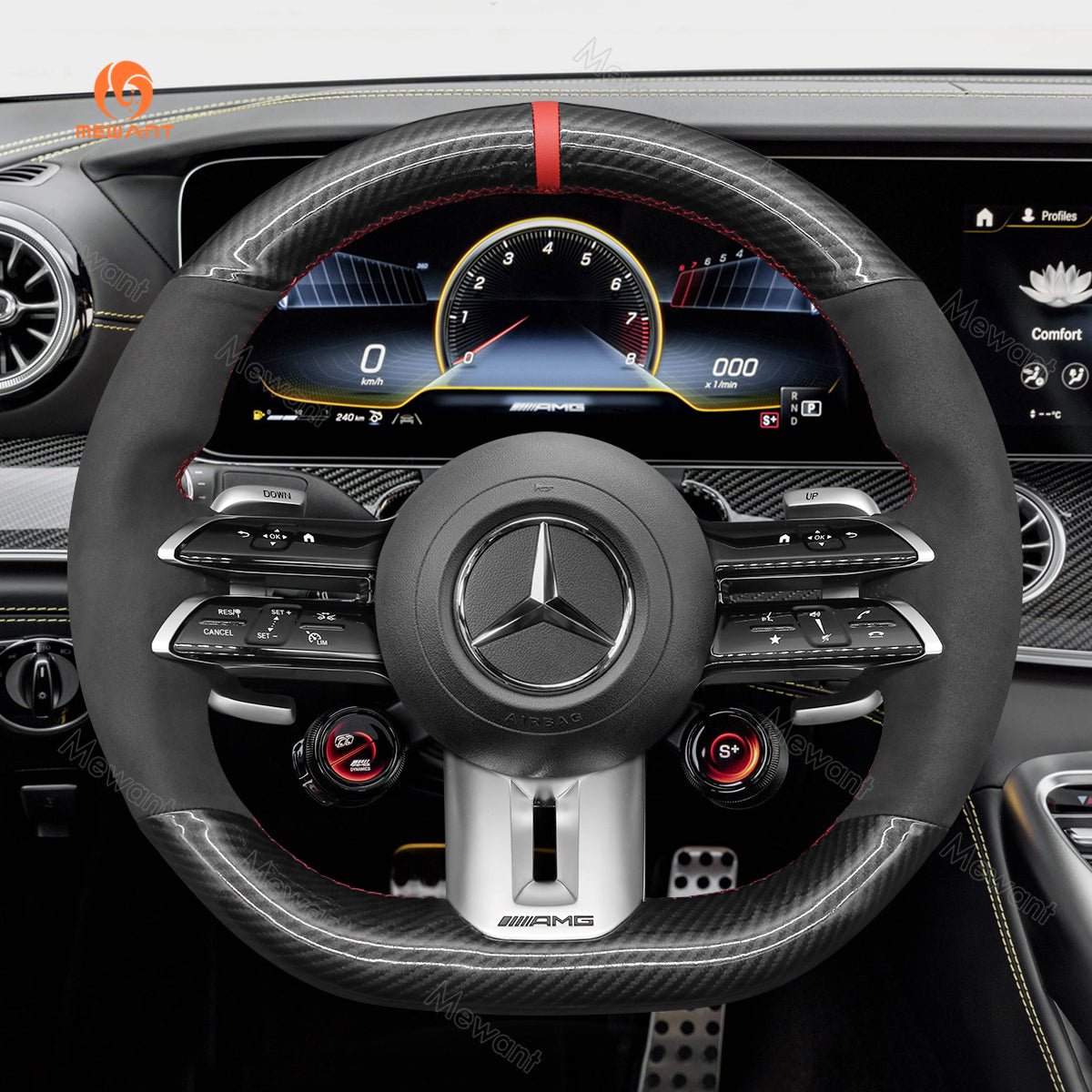 MEWANT Car Steering Wheel Cover for Mercedes - Benz AMG GT (C190/R190) E53 E63S (W213) EQE (V295) SL55 SL63 (R232) - Alcantara, Leather, Carbon Fiber, Easy Install, Non - Slip, Best Steering Wheel Cover