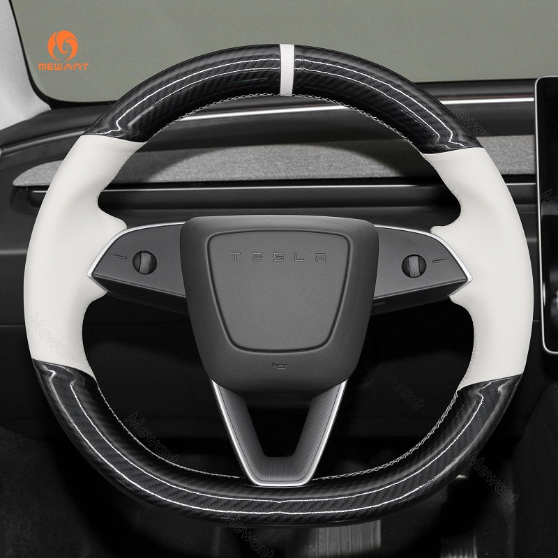 Mewant Car Steering Wheel Cover - for Tesla Model 3 Highland 2023 2024 2025 Model Y - US in stock - Alcantara, Leather, Carbon Fiber, Easy Install, Non - Slip, Best Steering Wheel Cover