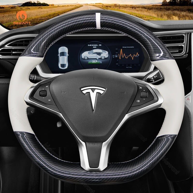 Mewant Car Steering Wheel Cover for Tesla model S 2013 - 2017 - US in stock - Alcantara, Leather, Carbon Fiber, Easy Install, Non - Slip, Best Steering Wheel Cover