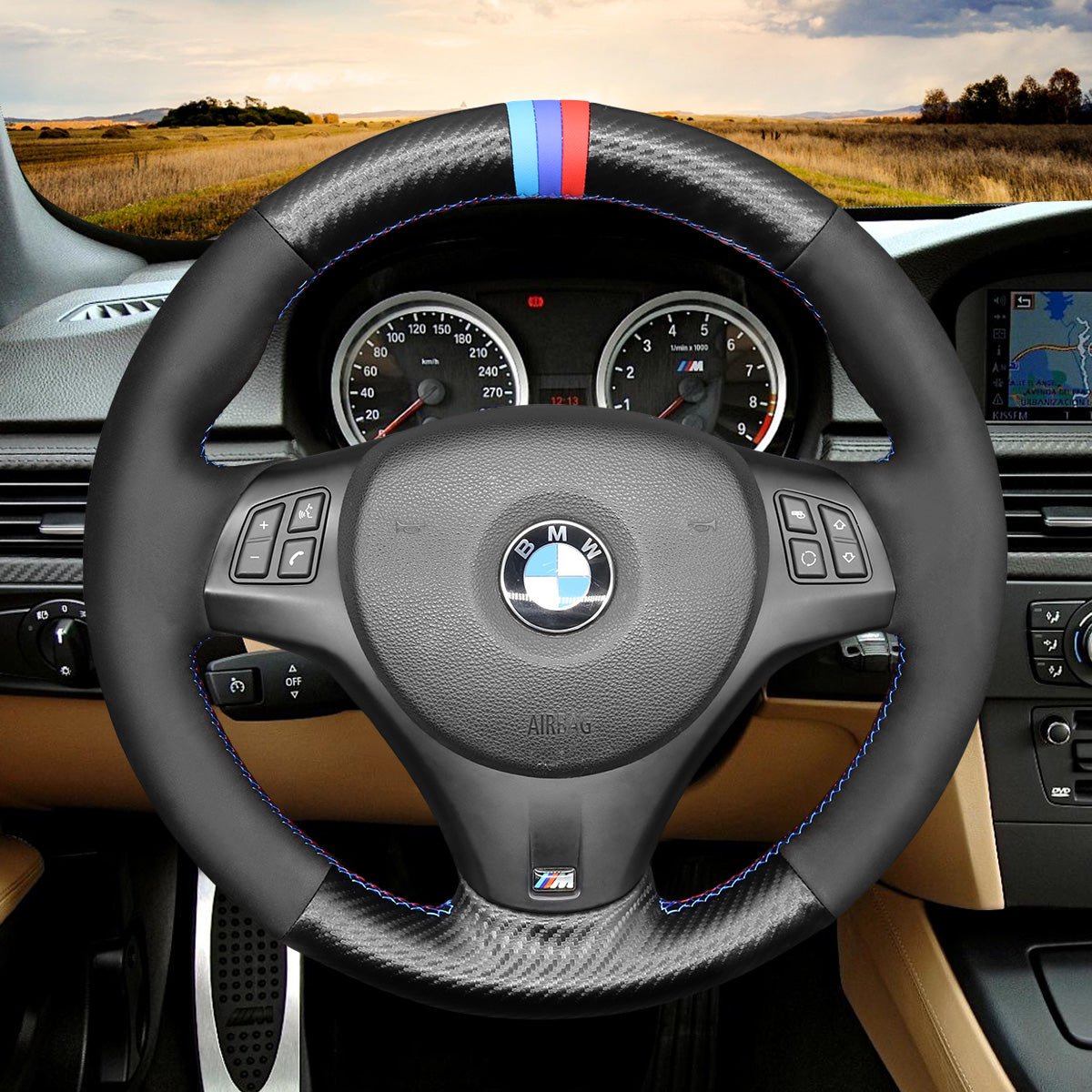 MEWANT Carbon Fiber Alcantara Car Steering Wheel Cover for BMW M Sport M3 E90 E91 E92 E93 / E87 E81 E82 E88 / X1 E84 / M3 E90 E92 E93 - Alcantara, Leather, Carbon Fiber, Easy Install, Non - Slip, Best Steering Wheel Cover
