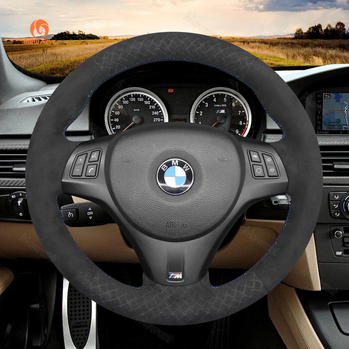 MEWANT Carbon Fiber Alcantara Car Steering Wheel Cover for BMW M Sport M3 E90 E91 E92 E93 / E87 E81 E82 E88 / X1 E84 / M3 E90 E92 E93 - Mewant Cover