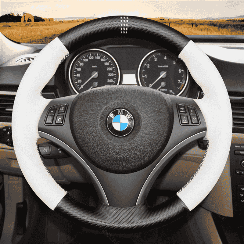 MEWANT Carbon Fiber Alcantara Car Steering Wheel Cover for BMW M Sport M3 E90 E91 E92 E93 / E87 E81 E82 E88 / X1 E84 / M3 E90 E92 E93 - Alcantara, Leather, Carbon Fiber, Easy Install, Non - Slip, Best Steering Wheel Cover