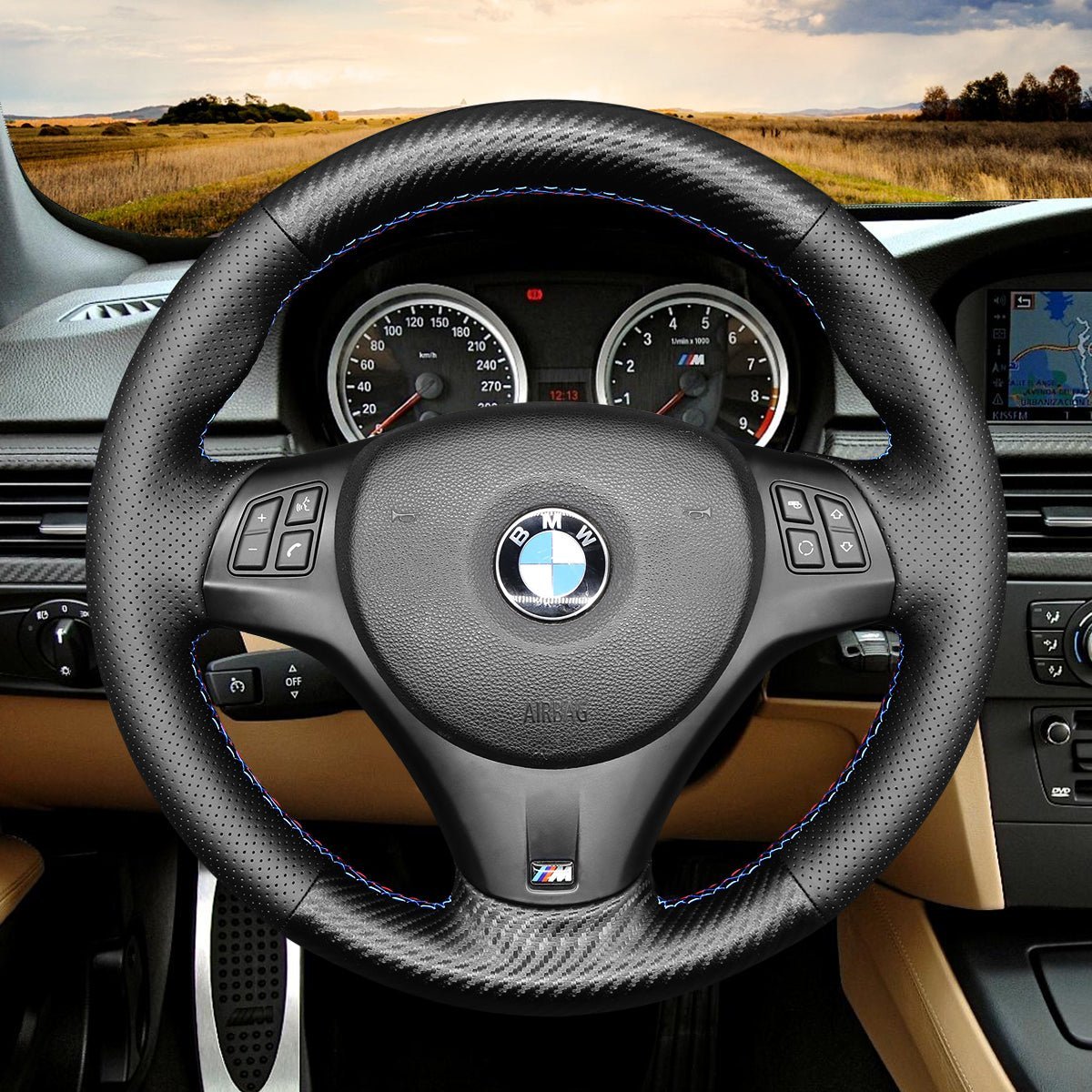 MEWANT Carbon Fiber Alcantara Car Steering Wheel Cover for BMW M Sport M3 E90 E91 E92 E93 / E87 E81 E82 E88 / X1 E84 / M3 E90 E92 E93 - Alcantara, Leather, Carbon Fiber, Easy Install, Non - Slip, Best Steering Wheel Cover