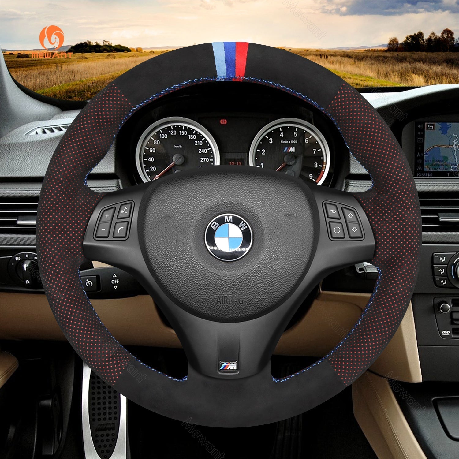 MEWANT Carbon Fiber Alcantara Car Steering Wheel Cover for BMW M Sport M3 E90 E91 E92 E93 / E87 E81 E82 E88 / X1 E84 / M3 E90 E92 E93 - Alcantara, Leather, Carbon Fiber, Easy Install, Non - Slip, Best Steering Wheel Cover