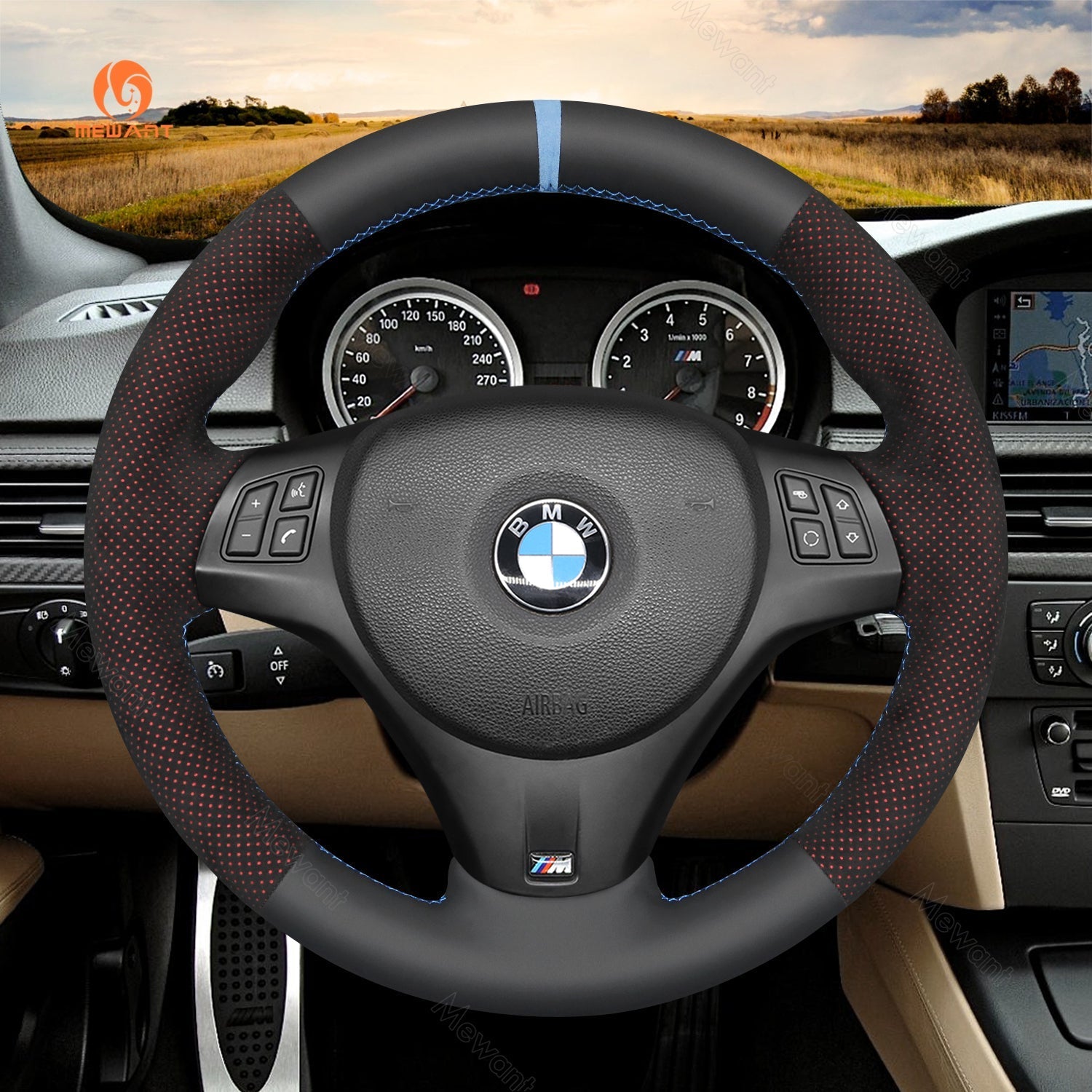 MEWANT Carbon Fiber Alcantara Car Steering Wheel Cover for BMW M Sport M3 E90 E91 E92 E93 / E87 E81 E82 E88 / X1 E84 / M3 E90 E92 E93 - Alcantara, Leather, Carbon Fiber, Easy Install, Non - Slip, Best Steering Wheel Cover