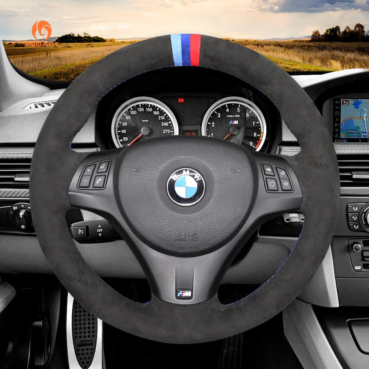 MEWANT Carbon Fiber Alcantara Car Steering Wheel Cover for BMW M Sport M3 E90 E91 E92 E93 / E87 E81 E82 E88 / X1 E84 / M3 E90 E92 E93 - Alcantara, Leather, Carbon Fiber, Easy Install, Non - Slip, Best Steering Wheel Cover