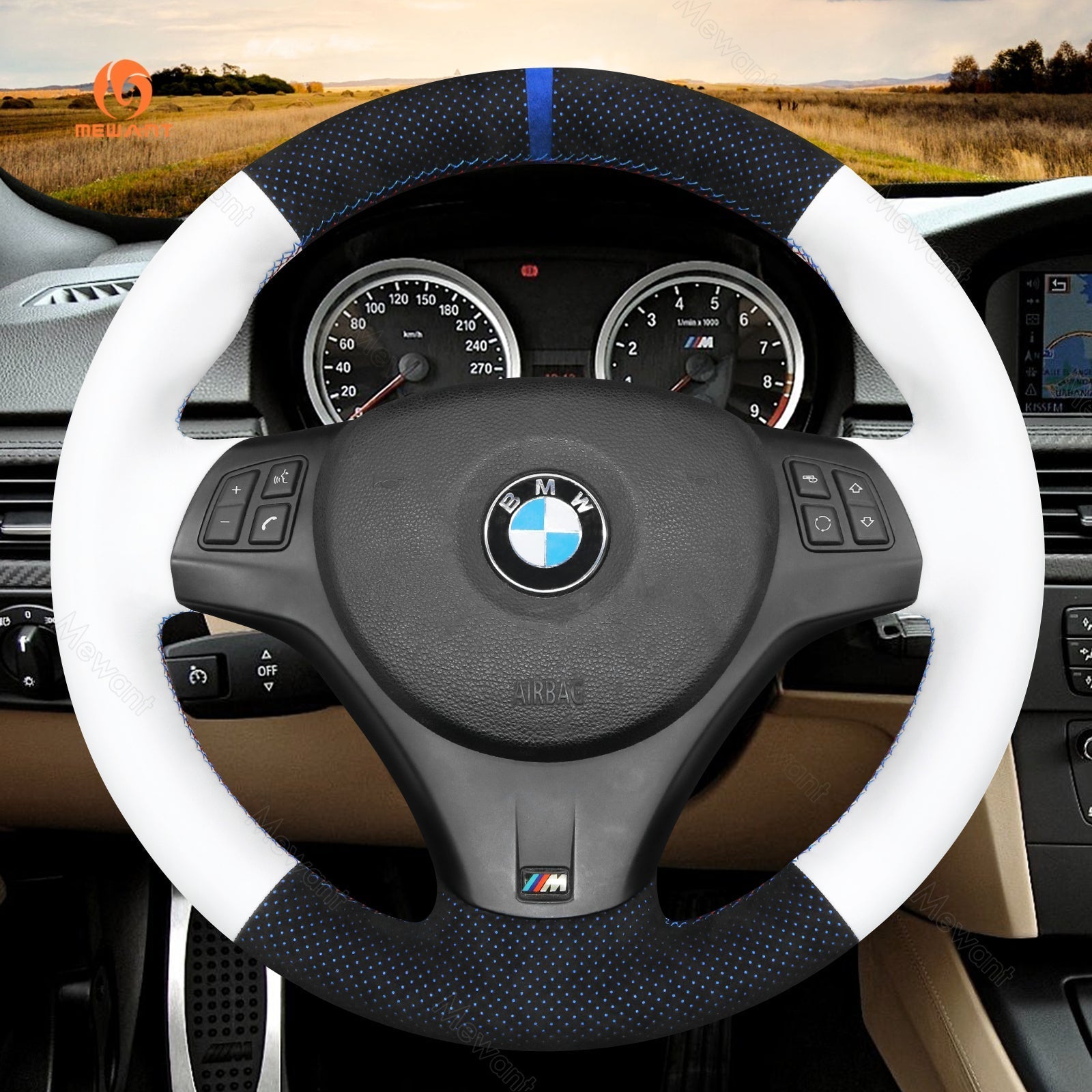 MEWANT Carbon Fiber Alcantara Car Steering Wheel Cover for BMW M Sport M3 E90 E91 E92 E93 / E87 E81 E82 E88 / X1 E84 / M3 E90 E92 E93 - Alcantara, Leather, Carbon Fiber, Easy Install, Non - Slip, Best Steering Wheel Cover