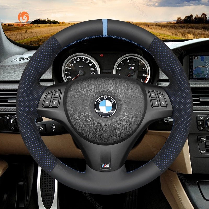 MEWANT Carbon Fiber Alcantara Car Steering Wheel Cover for BMW M Sport M3 E90 E91 E92 E93 / E87 E81 E82 E88 / X1 E84 / M3 E90 E92 E93 - Alcantara, Leather, Carbon Fiber, Easy Install, Non - Slip, Best Steering Wheel Cover