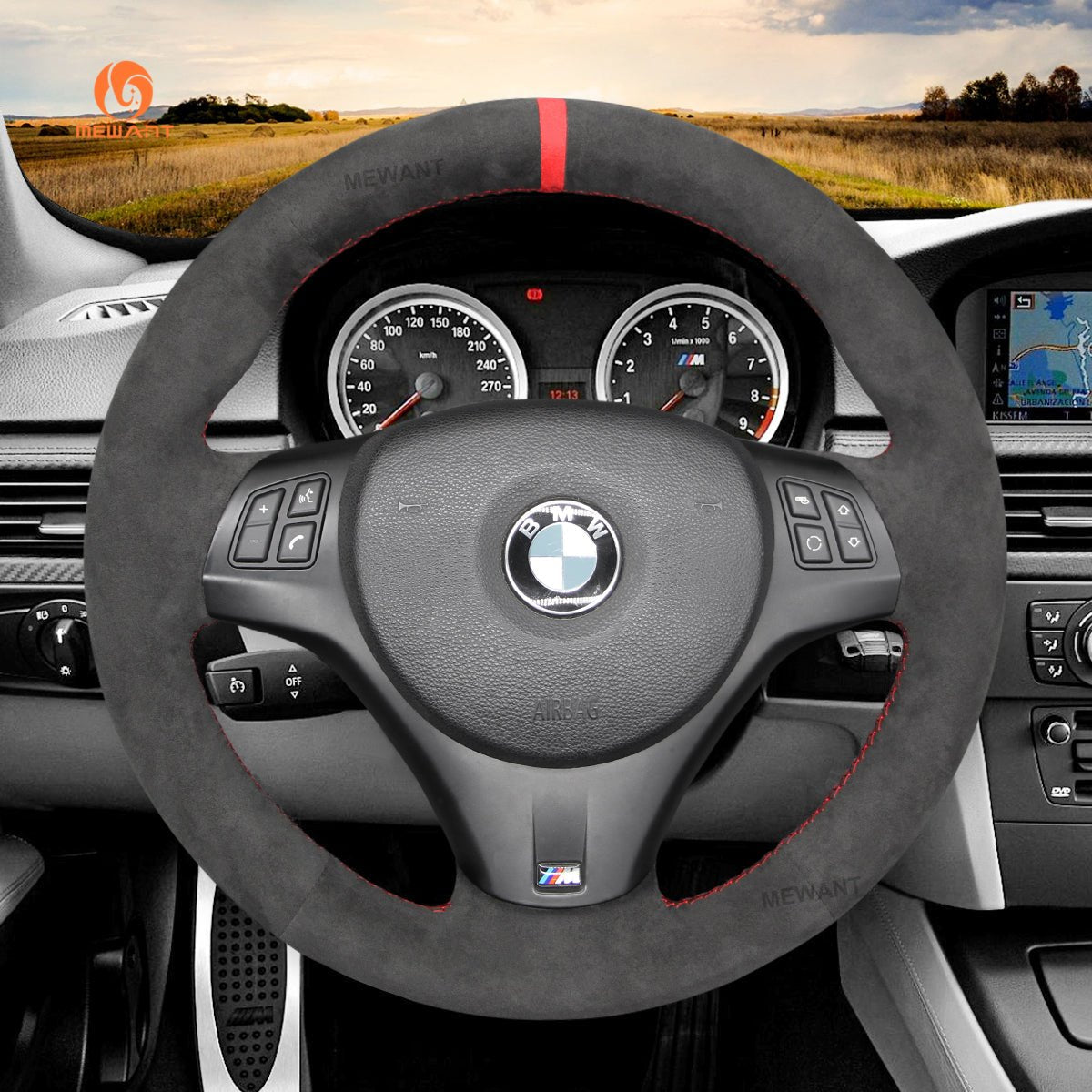 MEWANT Carbon Fiber Alcantara Car Steering Wheel Cover for BMW M Sport M3 E90 E91 E92 E93 / E87 E81 E82 E88 / X1 E84 / M3 E90 E92 E93 - Alcantara, Leather, Carbon Fiber, Easy Install, Non - Slip, Best Steering Wheel Cover