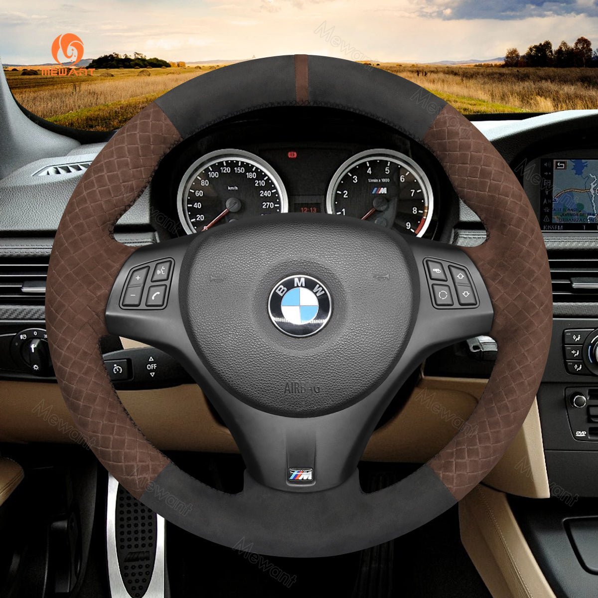 MEWANT Carbon Fiber Alcantara Car Steering Wheel Cover for BMW M Sport M3 E90 E91 E92 E93 / E87 E81 E82 E88 / X1 E84 / M3 E90 E92 E93 - Alcantara, Leather, Carbon Fiber, Easy Install, Non - Slip, Best Steering Wheel Cover