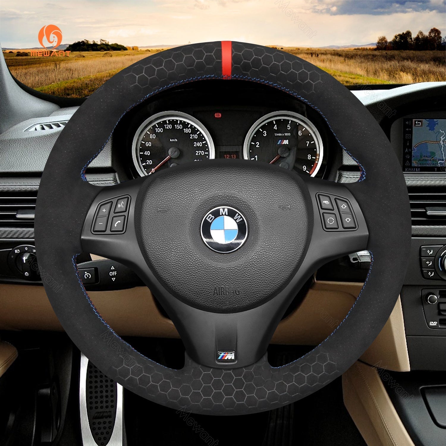 MEWANT Carbon Fiber Alcantara Car Steering Wheel Cover for BMW M Sport M3 E90 E91 E92 E93 / E87 E81 E82 E88 / X1 E84 / M3 E90 E92 E93 - Alcantara, Leather, Carbon Fiber, Easy Install, Non - Slip, Best Steering Wheel Cover