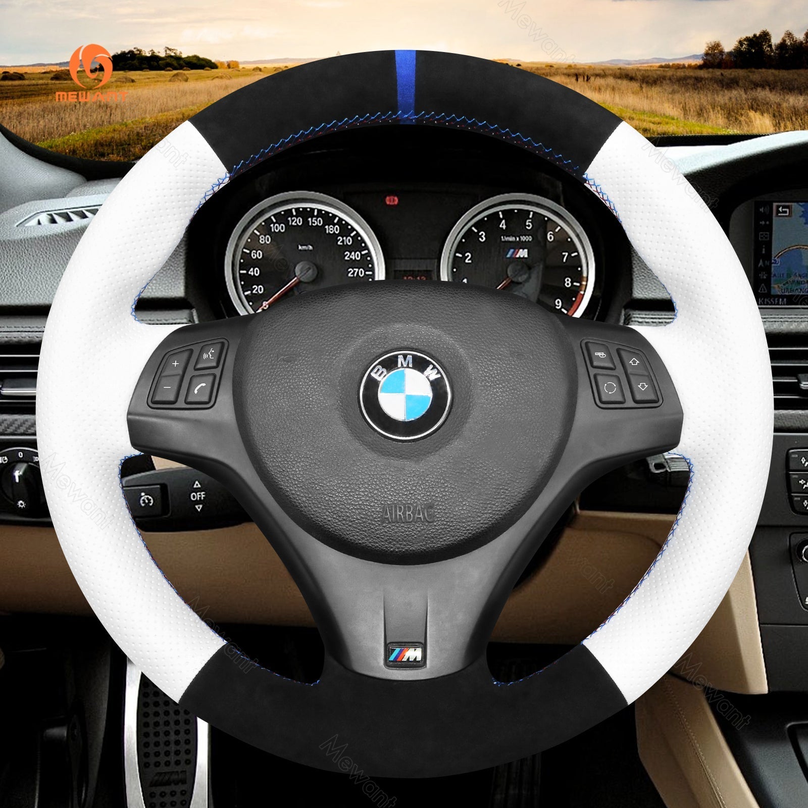 MEWANT Carbon Fiber Alcantara Car Steering Wheel Cover for BMW M Sport M3 E90 E91 E92 E93 / E87 E81 E82 E88 / X1 E84 / M3 E90 E92 E93 - Alcantara, Leather, Carbon Fiber, Easy Install, Non - Slip, Best Steering Wheel Cover