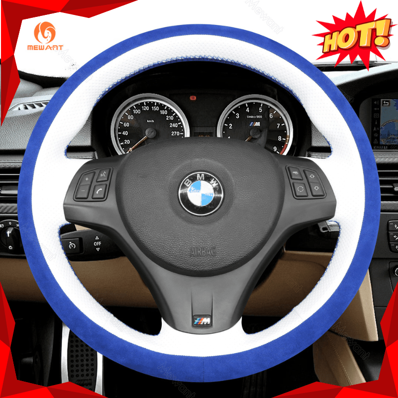 MEWANT Carbon Fiber Alcantara Car Steering Wheel Cover for BMW M Sport M3 E90 E91 E92 E93 / E87 E81 E82 E88 / X1 E84 / M3 E90 E92 E93 - Alcantara, Leather, Carbon Fiber, Easy Install, Non - Slip, Best Steering Wheel Cover