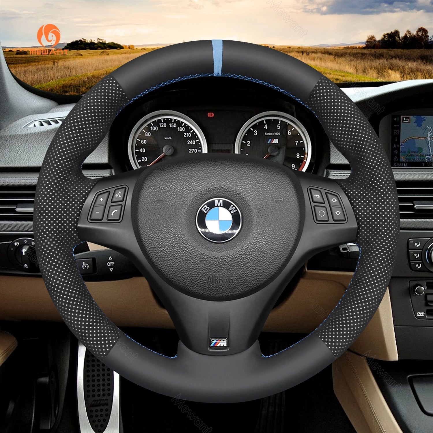 MEWANT Carbon Fiber Alcantara Car Steering Wheel Cover for BMW M Sport M3 E90 E91 E92 E93 / E87 E81 E82 E88 / X1 E84 / M3 E90 E92 E93 - Alcantara, Leather, Carbon Fiber, Easy Install, Non - Slip, Best Steering Wheel Cover