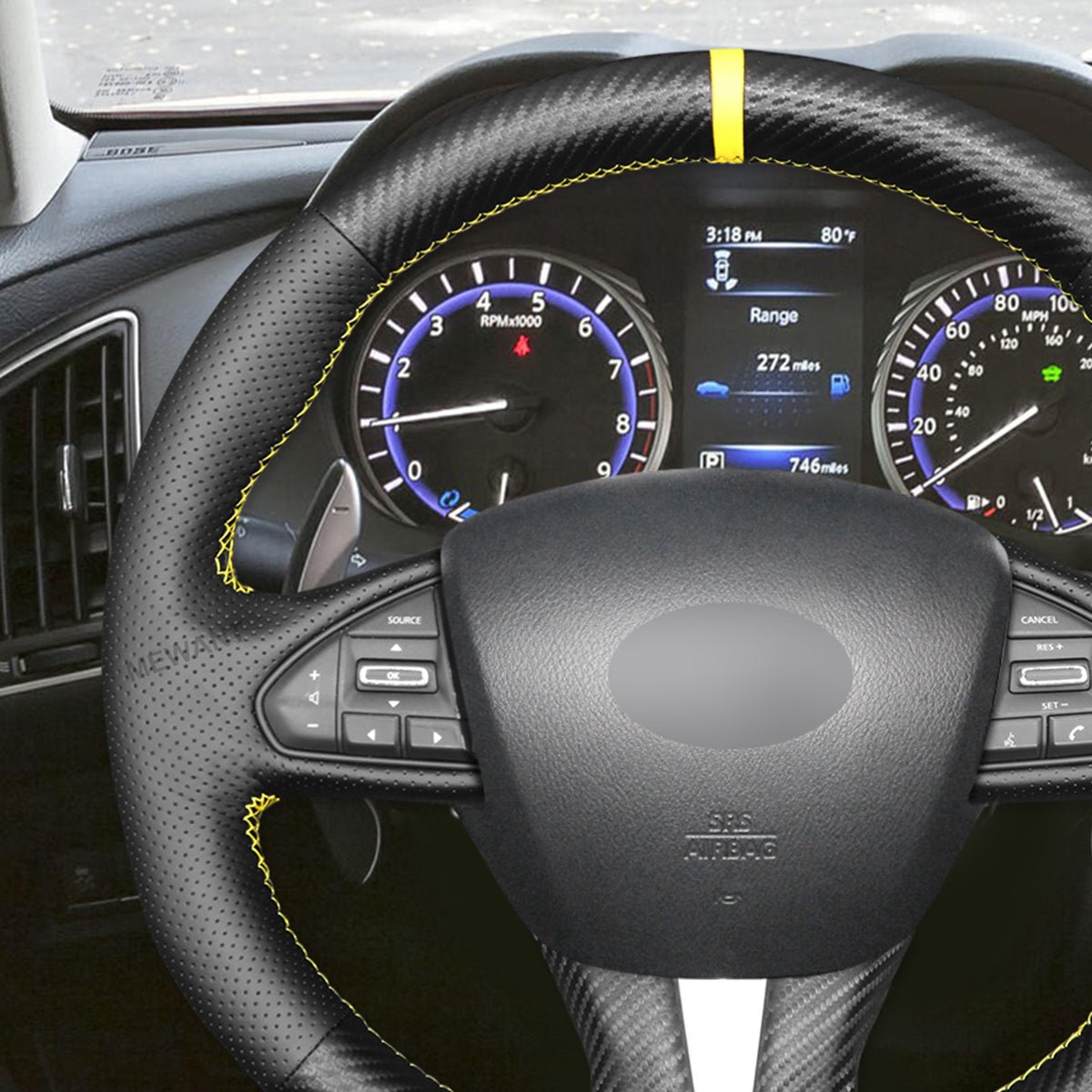 MEWANT Carbon Fiber Leather Car Steering Wheel Cover for Infiniti Q50 2014 - 2017 / QX50 2015 - 2017 - Alcantara, Leather, Carbon Fiber, Easy Install, Non - Slip, Best Steering Wheel Cover