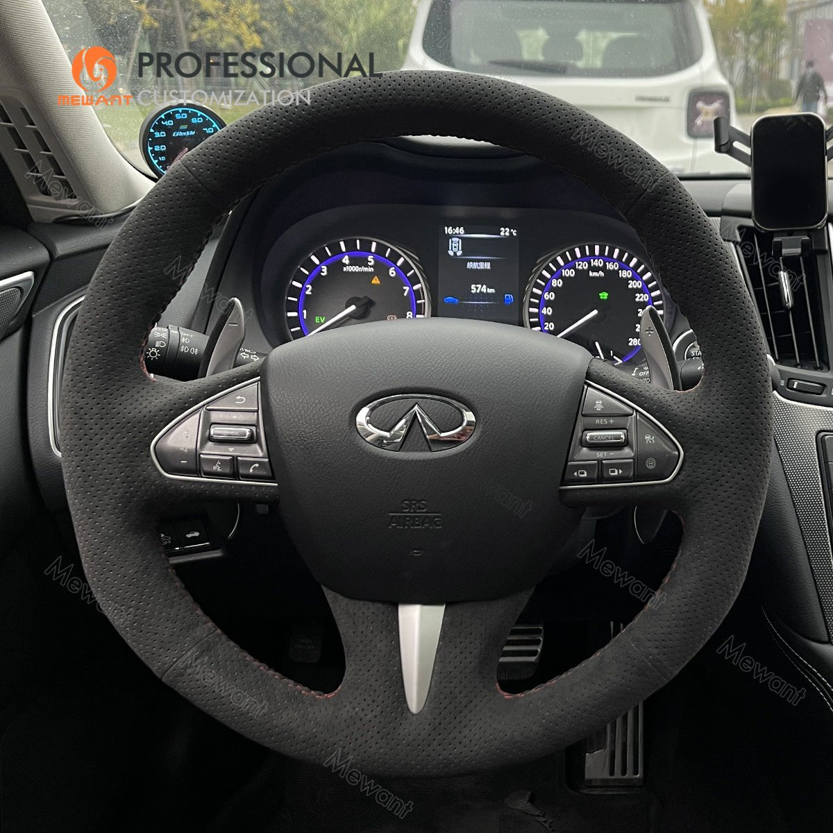MEWANT Carbon Fiber Leather Car Steering Wheel Cover for Infiniti Q50 2014 - 2017 / QX50 2015 - 2017 - Alcantara, Leather, Carbon Fiber, Easy Install, Non - Slip, Best Steering Wheel Cover